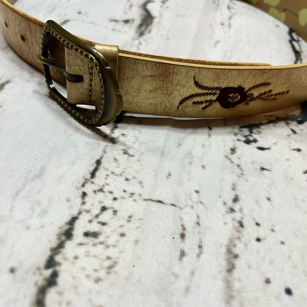 Boho‎ Embroidered Leather Belt with Floral Stitching & Antique Brass Buckle